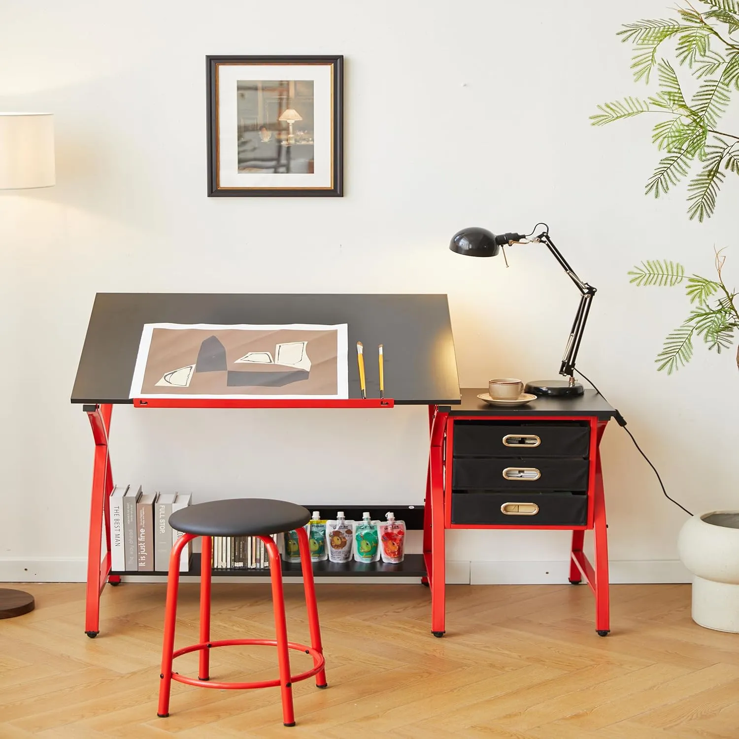Adjustable Modern Art Desk, Large (50.19" L x 23.62" W x 30.31" H), Red, Artistic Drawing Table with 3 Storage Drawers, Stool, Tiltable Top (0-75 Degrees), Crossed Legs for Stability