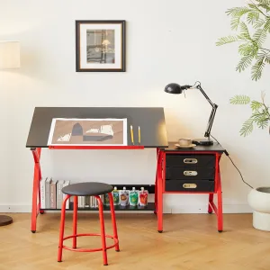 Adjustable Modern Art Desk, Large (50.19" L x 23.62" W x 30.31" H), Red, Artistic Drawing Table with 3 Storage Drawers, Stool, Tiltable Top (0-75 Degrees), Crossed Legs for Stability