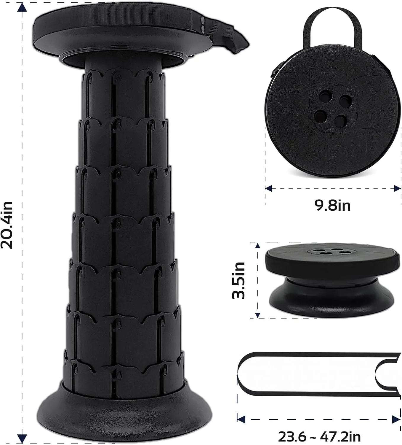 Adjustable Retractable Portable Collapsible Folding Stool,Compact Telescoping Stool for Adults Heavy Duty with Load Capacity 770 lbs, Chair Camping Travel Hunting（Black） (HX20210818)