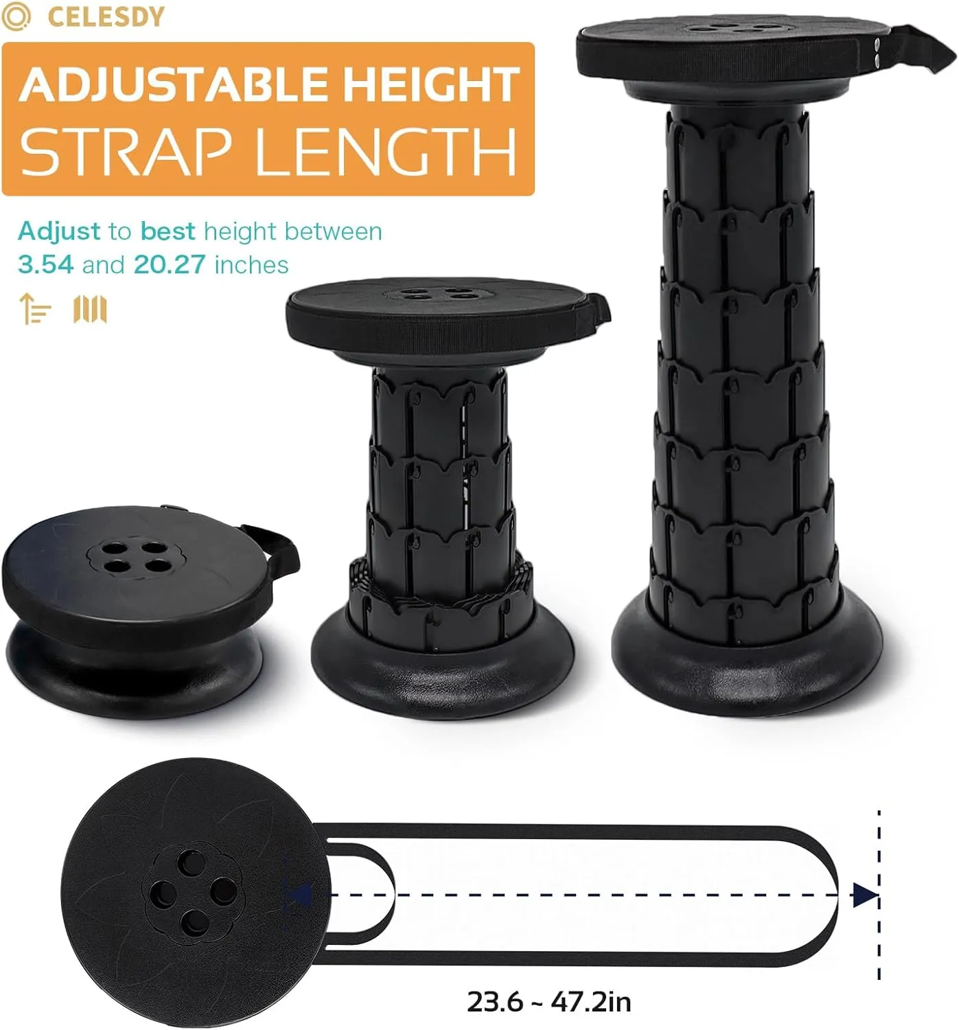 Adjustable Retractable Portable Collapsible Folding Stool,Compact Telescoping Stool for Adults Heavy Duty with Load Capacity 770 lbs, Chair Camping Travel Hunting（Black） (HX20210818)