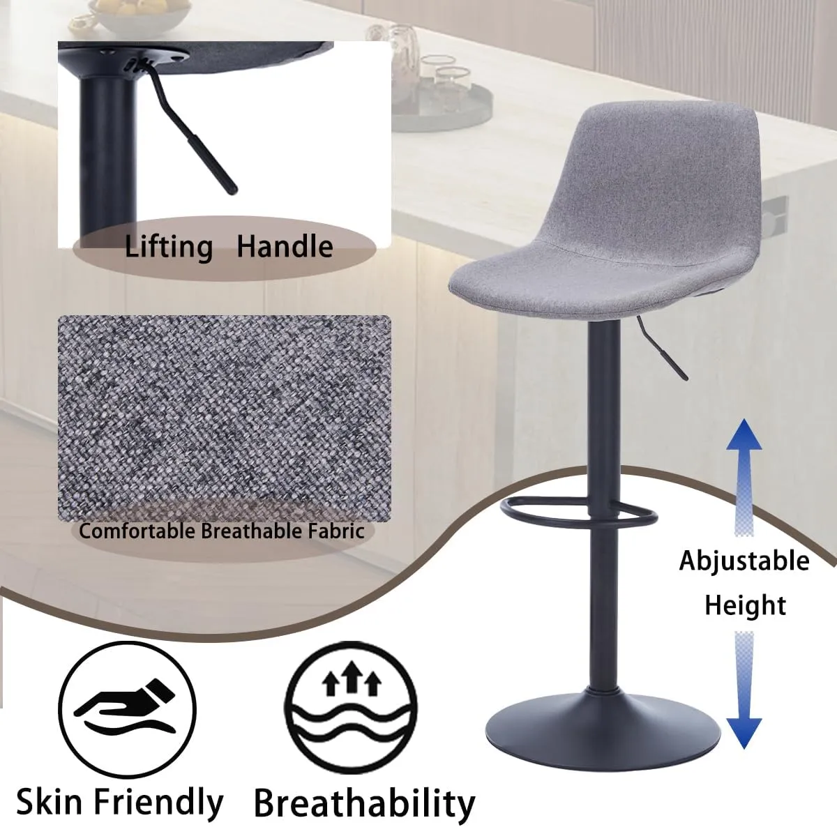 Adjustable Swivel Bar Stools Set of 2, Modern Fabric Upholstered Barstools with Backs, Seat Adjustable Height 22-31IN, Bar Chairs with Foam Padded, Stools for Kitchen Counter (Grey).