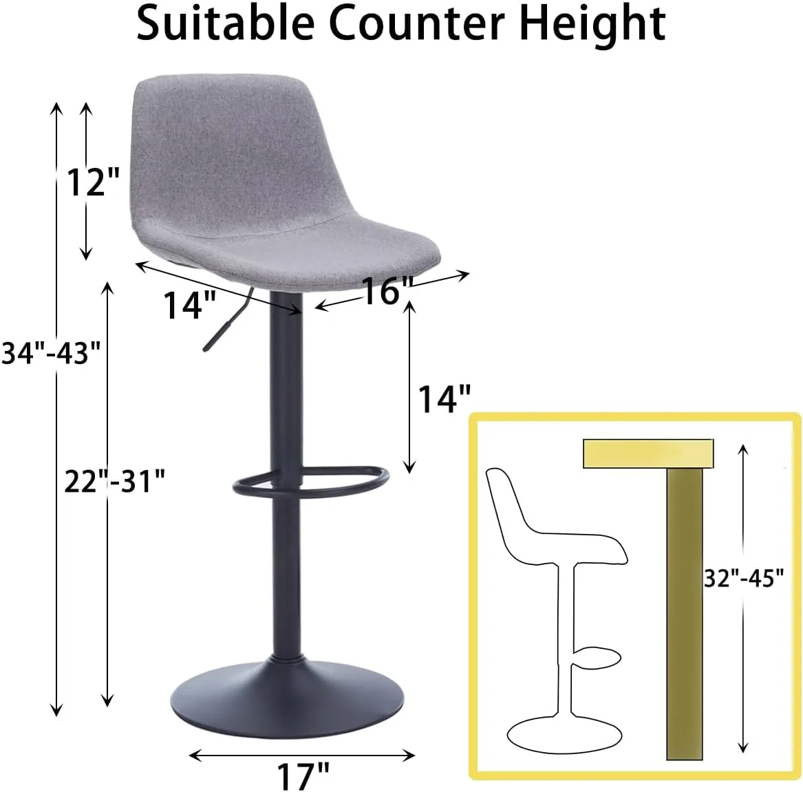 Adjustable Swivel Bar Stools Set of 2, Modern Fabric Upholstered Barstools with Backs, Seat Adjustable Height 22-31IN, Bar Chairs with Foam Padded, Stools for Kitchen Counter (Grey).