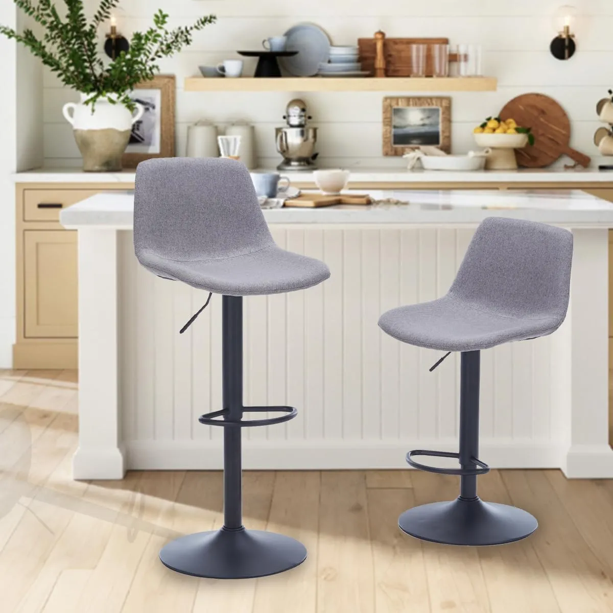Adjustable Swivel Bar Stools Set of 2, Modern Fabric Upholstered Barstools with Backs, Seat Adjustable Height 22-31IN, Bar Chairs with Foam Padded, Stools for Kitchen Counter (Grey).