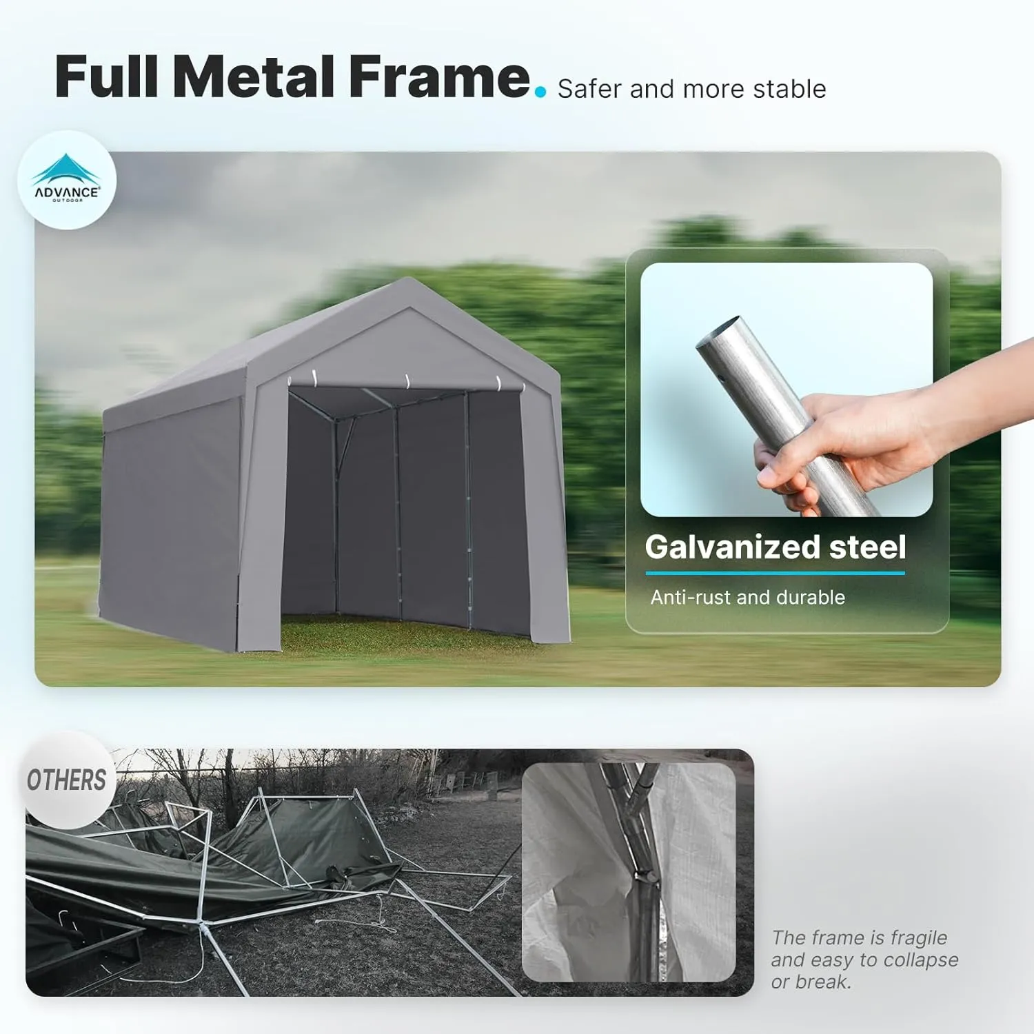 ADVANCE OUTDOOR 12x20 ft Heavy Duty Carport Garage Shelter, Adjustable Height (6.5-11ft) Waterproof Canopy with Removable Sidewalls for Cars, RV, Boat, Truck, Party - Gray