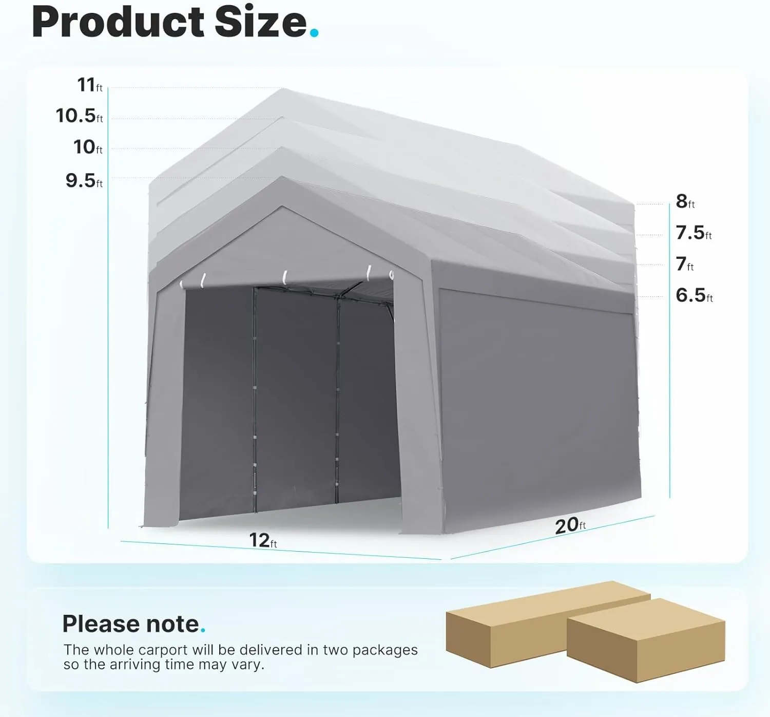 ADVANCE OUTDOOR 12x20 ft Heavy Duty Carport Garage Shelter, Adjustable Height (6.5-11ft) Waterproof Canopy with Removable Sidewalls for Cars, RV, Boat, Truck, Party - Gray