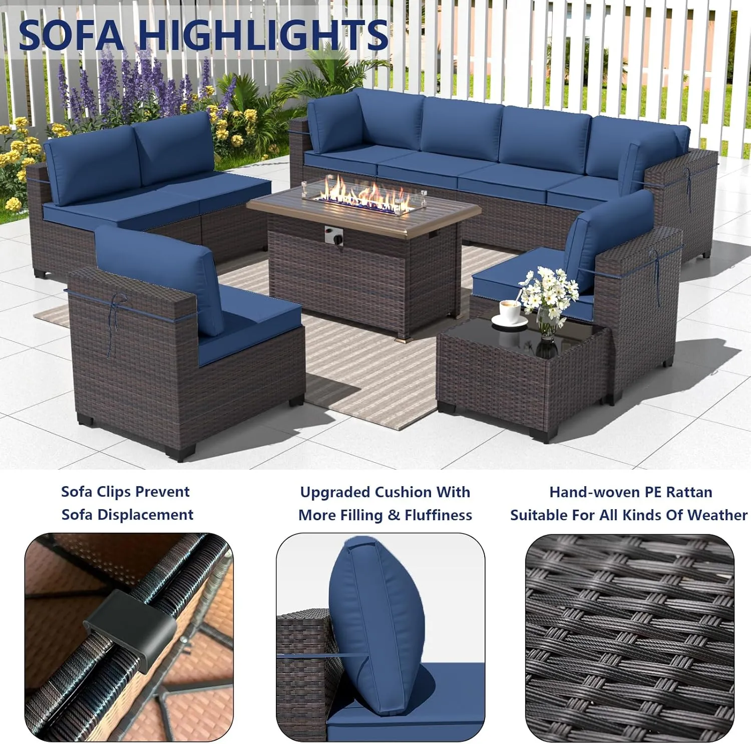 ALAULM 10 Pieces Patio Furniture Set with Propane Fire Pit Table Outdoor Sectional Sofa Sets Patio Furniture 43" Gas Fire Pit Brown PE Rattan Patio Conversation Set w/8 Seat Cushions (Deep Blue)