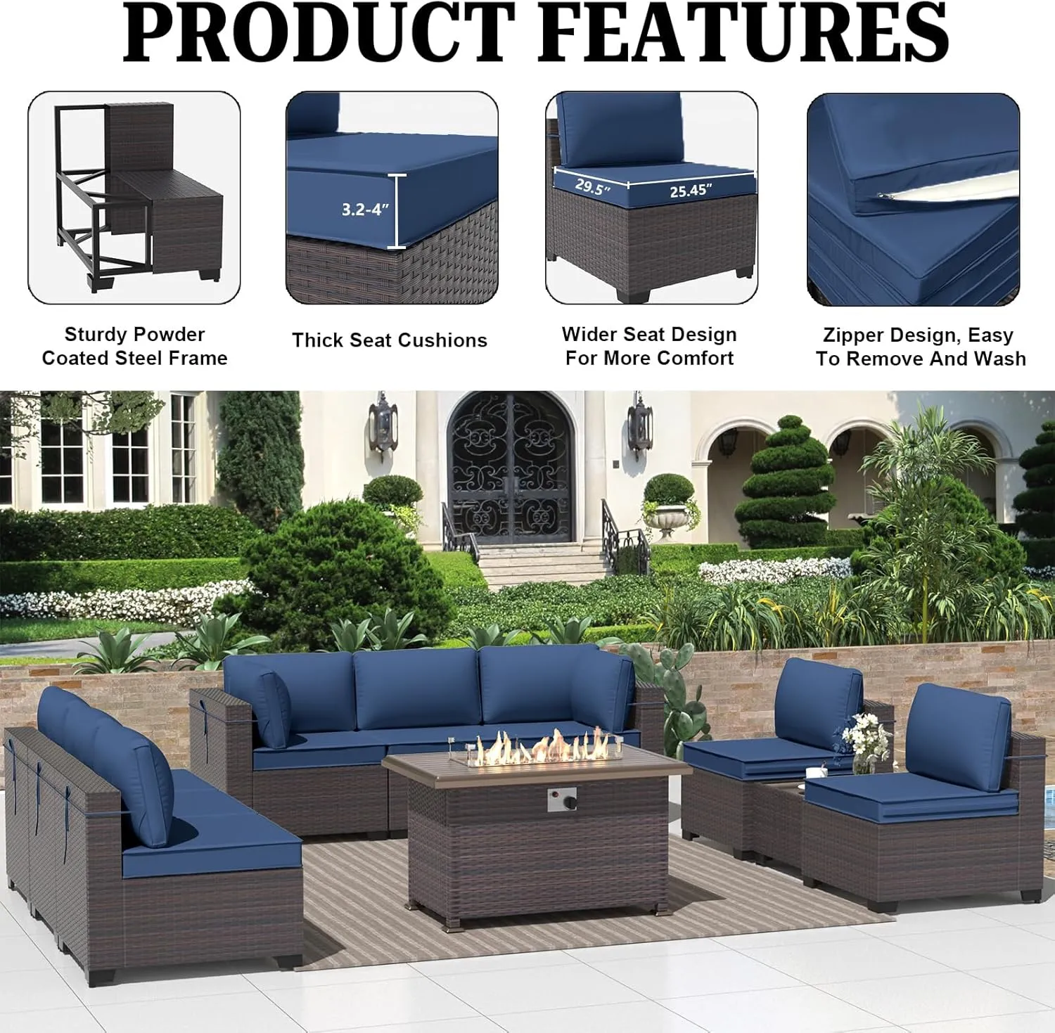 ALAULM 10 Pieces Patio Furniture Set with Propane Fire Pit Table Outdoor Sectional Sofa Sets Patio Furniture 43" Gas Fire Pit Brown PE Rattan Patio Conversation Set w/8 Seat Cushions (Deep Blue)