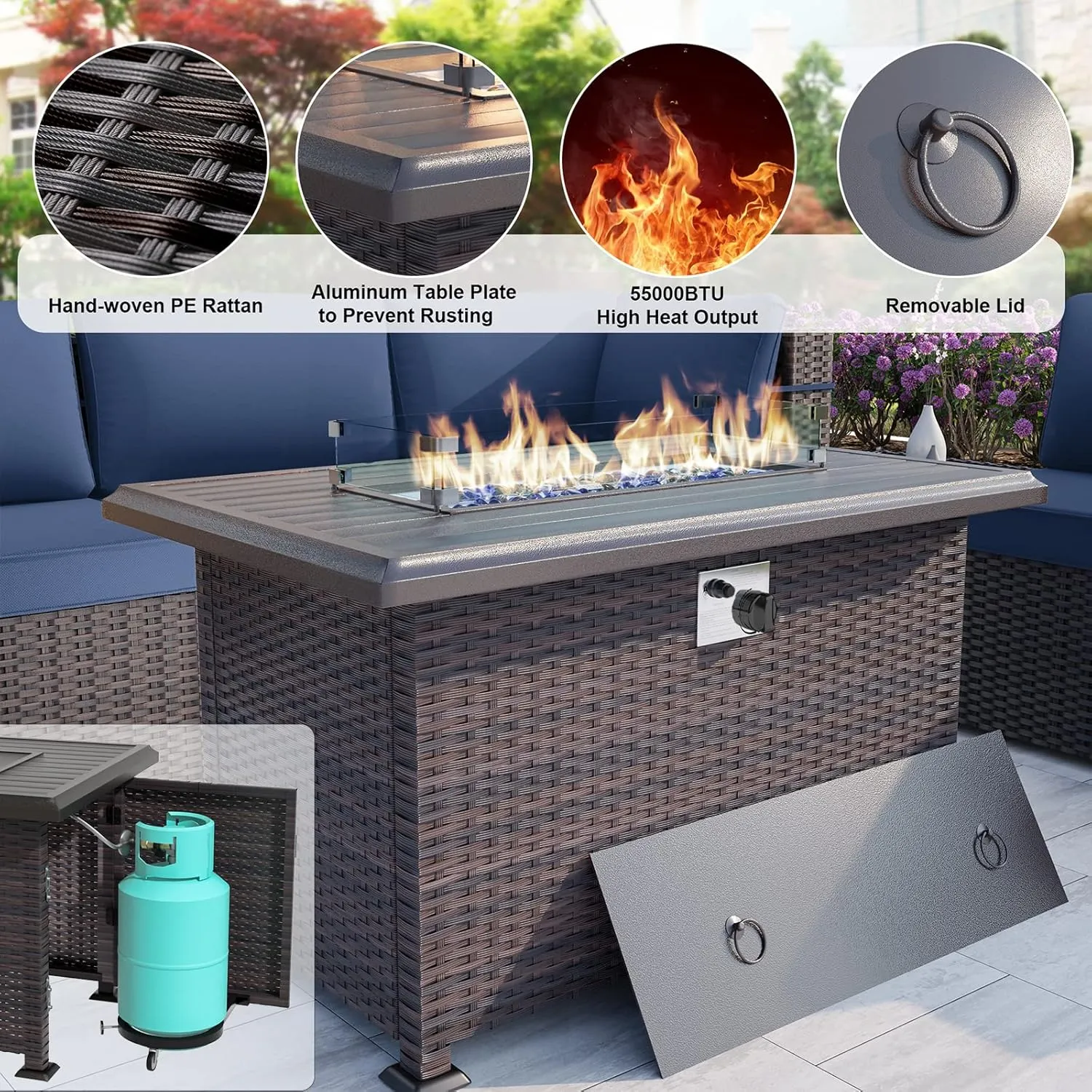 ALAULM 10 Pieces Patio Furniture Set with Propane Fire Pit Table Outdoor Sectional Sofa Sets Patio Furniture 43" Gas Fire Pit Brown PE Rattan Patio Conversation Set w/8 Seat Cushions (Deep Blue)