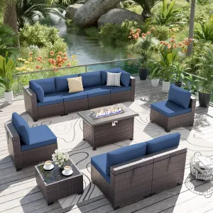 ALAULM 10 Pieces Patio Furniture Set with Propane Fire Pit Table Outdoor Sectional Sofa Sets Patio Furniture 43" Gas Fire Pit Brown PE Rattan Patio Conversation Set w/8 Seat Cushions (Deep Blue)