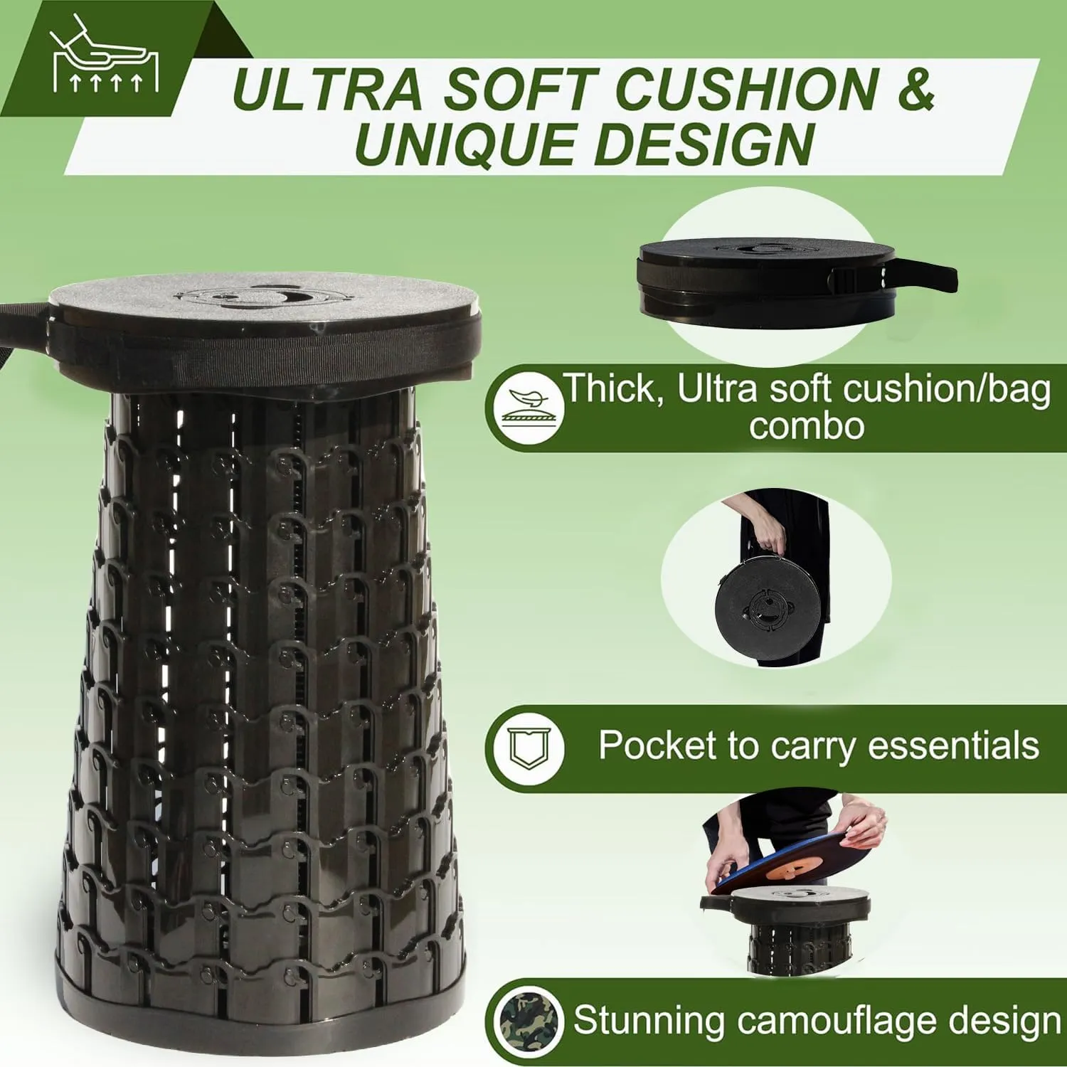 ALEVMOOM 2025 Upgraded XXL Collapsilbe Stool with Cushion,More Sturdy and Height 50cm,D30cm,Portable and Lightweight Adjustable Telescoping Stool for Camping Hiking BBQ Max Loading 1000Ibs
