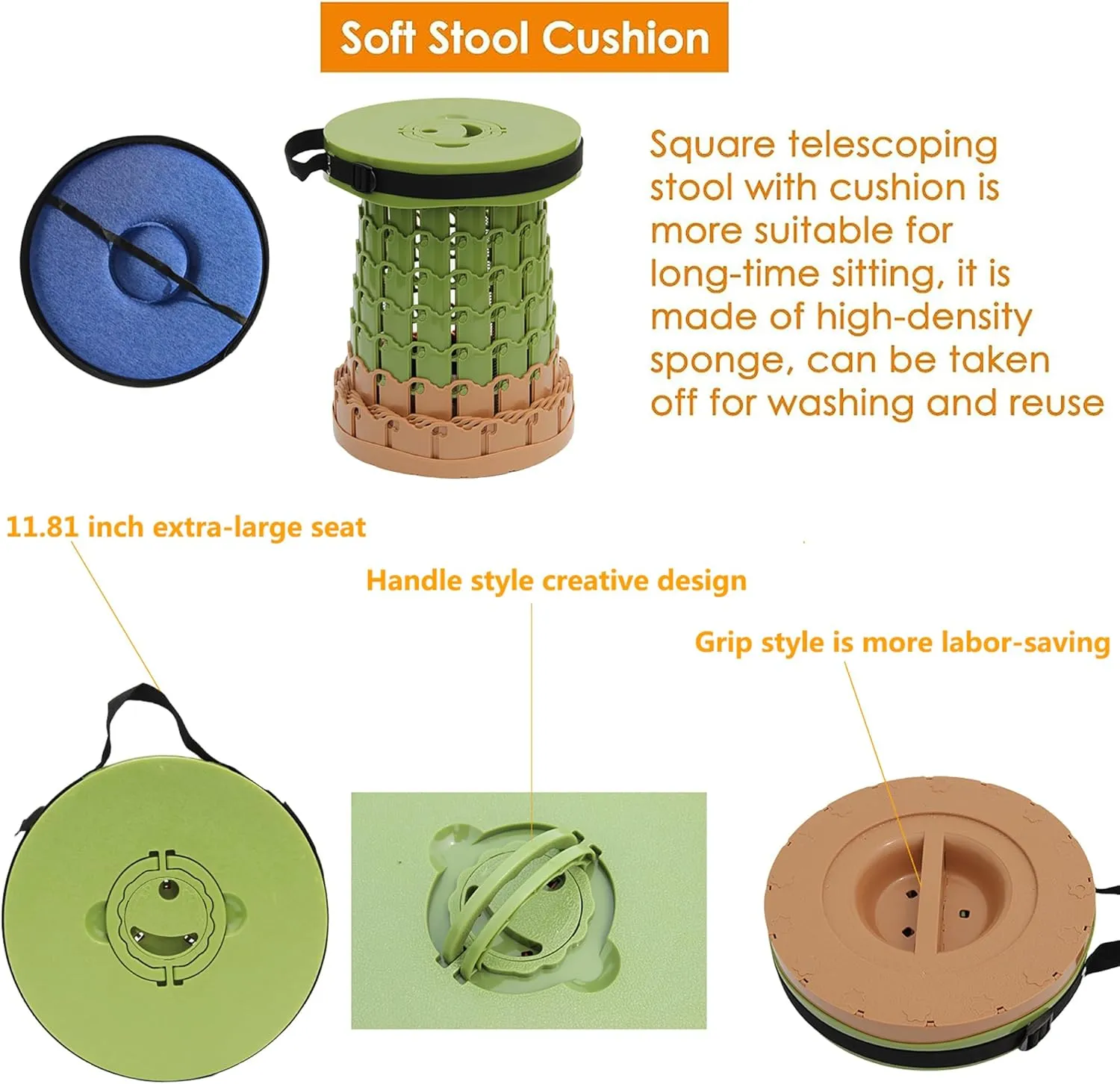 ALEVMOOM Upgraded Portable Collapsible Stool with Cushion,Telescoping Folding Stool for Adults,Yet More Sturdy Camping Stool with Load Capacity 1000lbs,for Outdoor Garden Hiking BBQ
