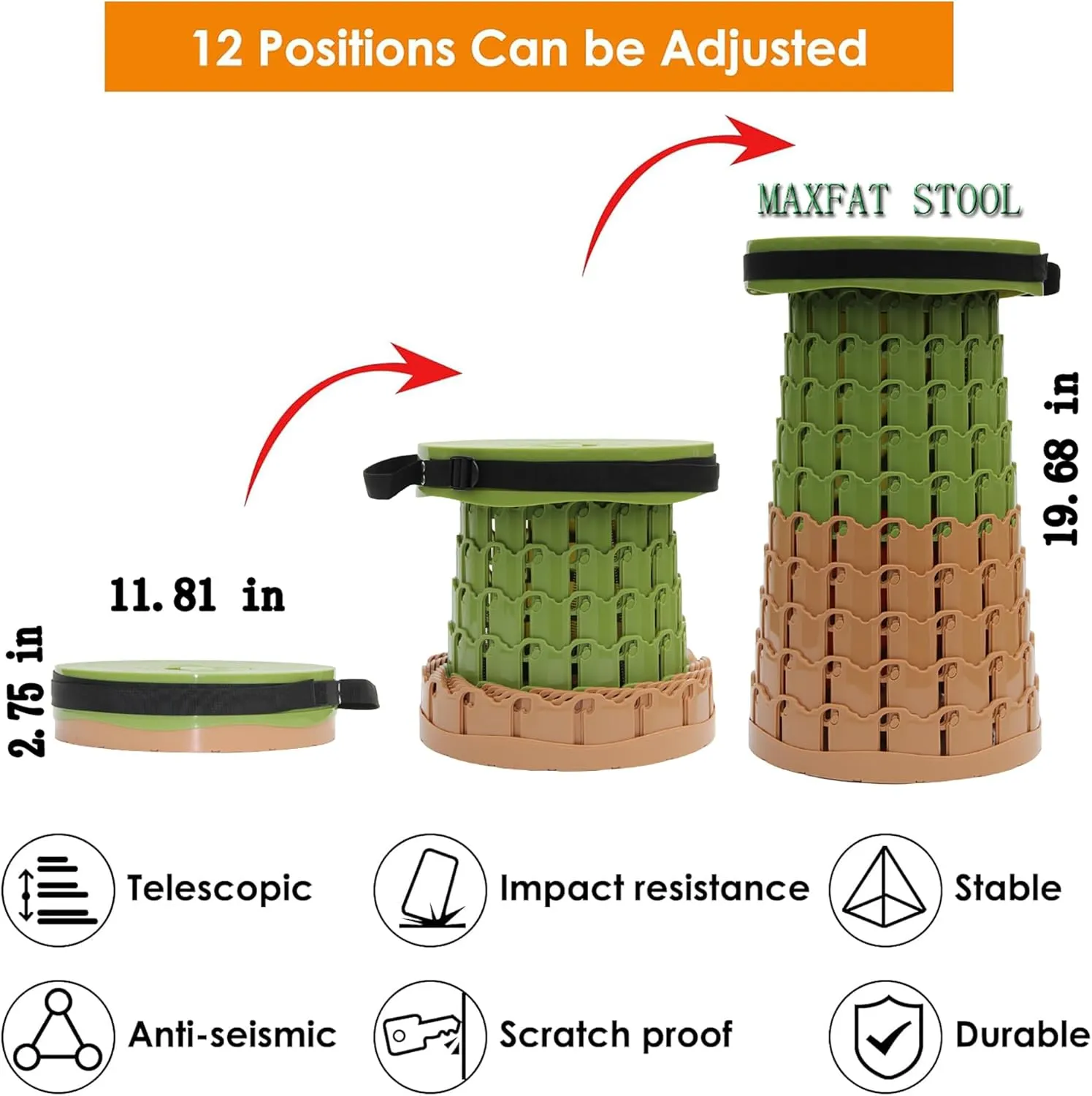 ALEVMOOM Upgraded Portable Collapsible Stool with Cushion,Telescoping Folding Stool for Adults,Yet More Sturdy Camping Stool with Load Capacity 1000lbs,for Outdoor Garden Hiking BBQ