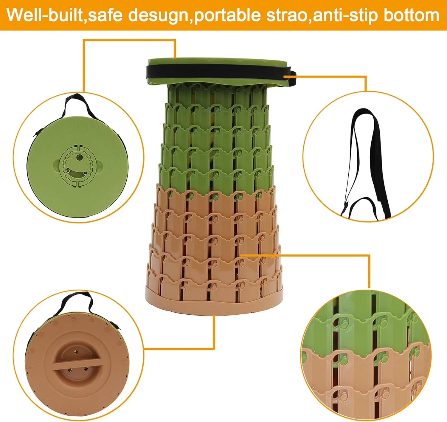 ALEVMOOM Upgraded Portable Collapsible Stool with Cushion,Telescoping Folding Stool for Adults,Yet More Sturdy Camping Stool with Load Capacity 1000lbs,for Outdoor Garden Hiking BBQ
