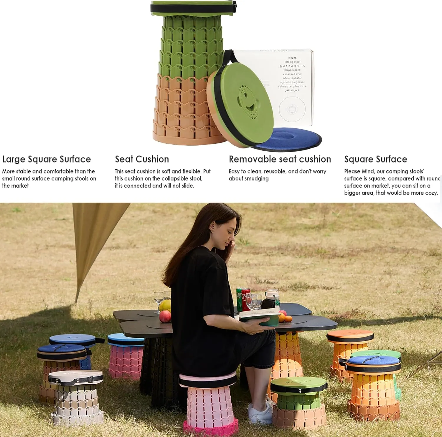 ALEVMOOM Upgraded Portable Collapsible Stool with Cushion,Telescoping Folding Stool for Adults,Yet More Sturdy Camping Stool with Load Capacity 1000lbs,for Outdoor Garden Hiking BBQ