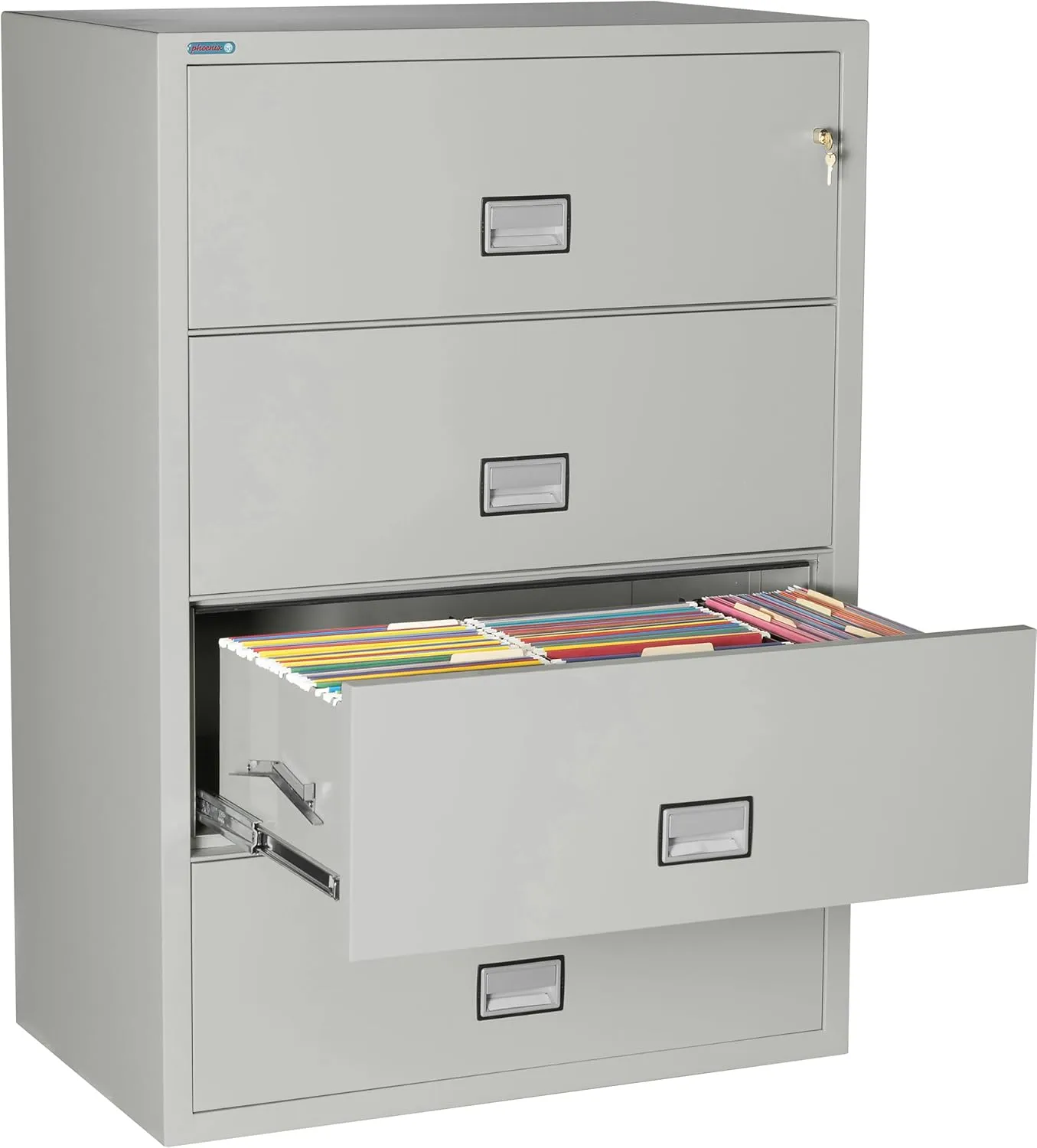 Alloy Steel Fireproof File Cabinet – 4-Drawer Lateral, 38" – Letter Size – Locking Filing Cabinet with Key Lock & Water Seal – 350 Fire Rated, Impact Tested – Light Gray – LAT4W38LG