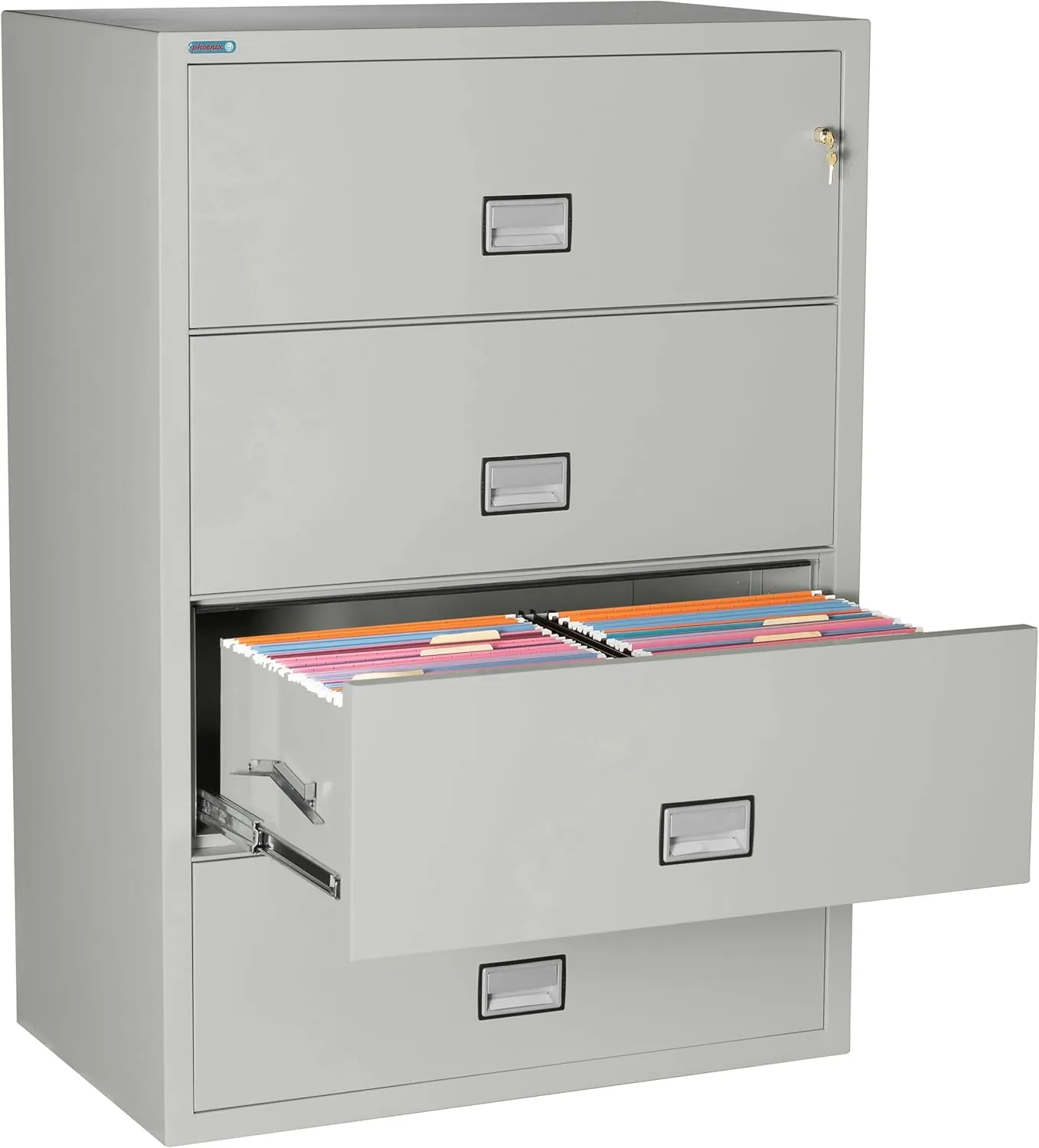 Alloy Steel Fireproof File Cabinet – 4-Drawer Lateral, 38" – Letter Size – Locking Filing Cabinet with Key Lock & Water Seal – 350 Fire Rated, Impact Tested – Light Gray – LAT4W38LG