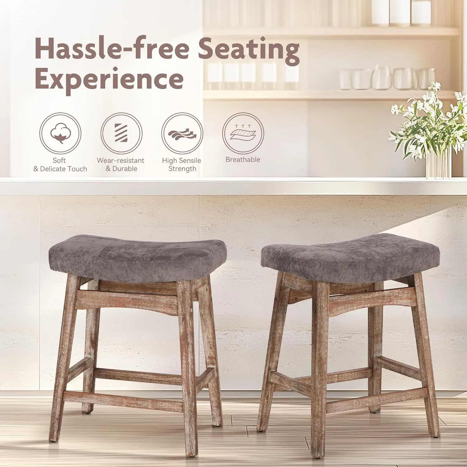 ALPHA HOME Bar Stool, Solid Wood Saddle Kitchen Stool with Grey Linen Fabric Cushion Counter Height Barstool with Vintage Farm Wooden Base for Kitchen Dining Cafe, 24 Inch, Grey, 1PC
