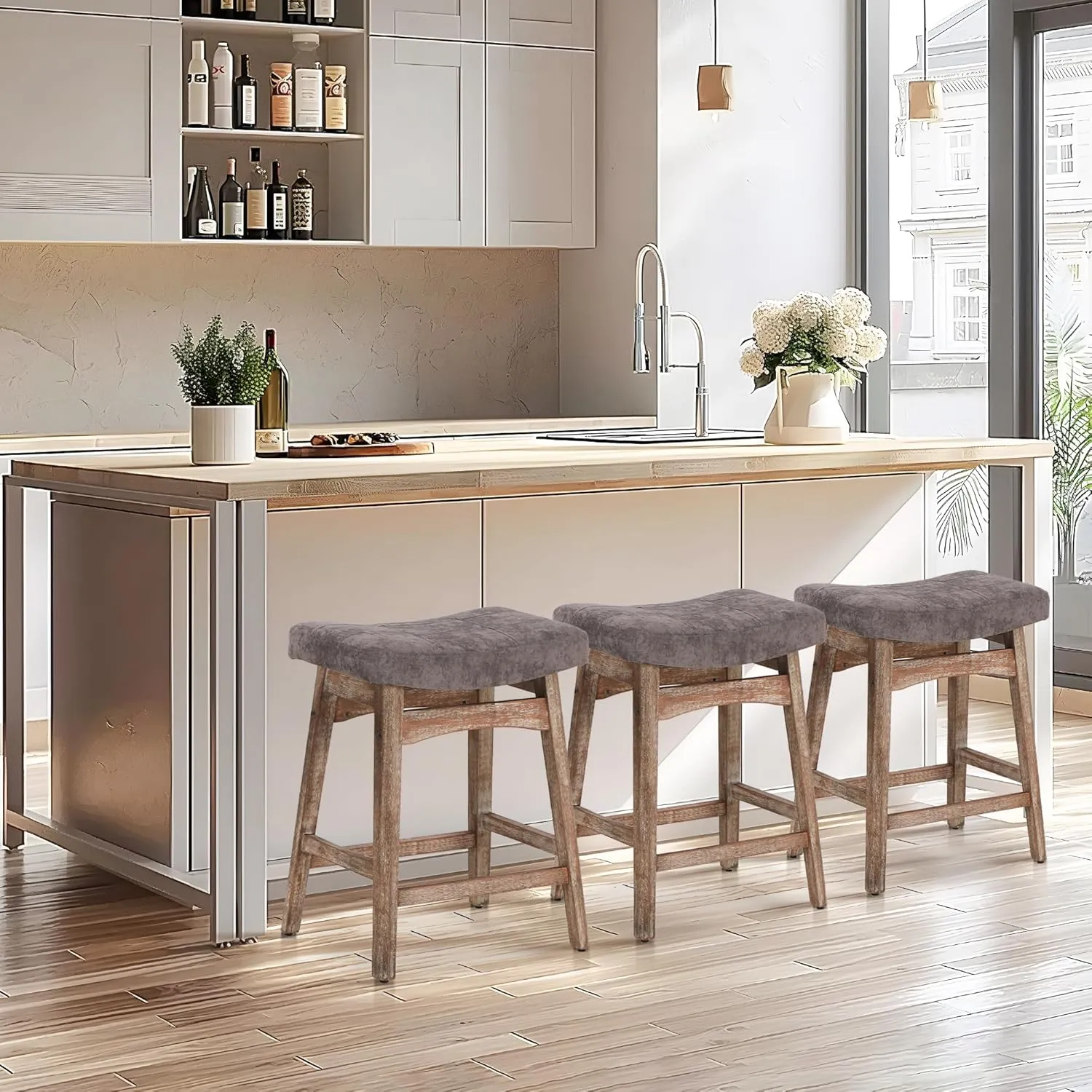 ALPHA HOME Bar Stool, Solid Wood Saddle Kitchen Stool with Grey Linen Fabric Cushion Counter Height Barstool with Vintage Farm Wooden Base for Kitchen Dining Cafe, 24 Inch, Grey, 1PC