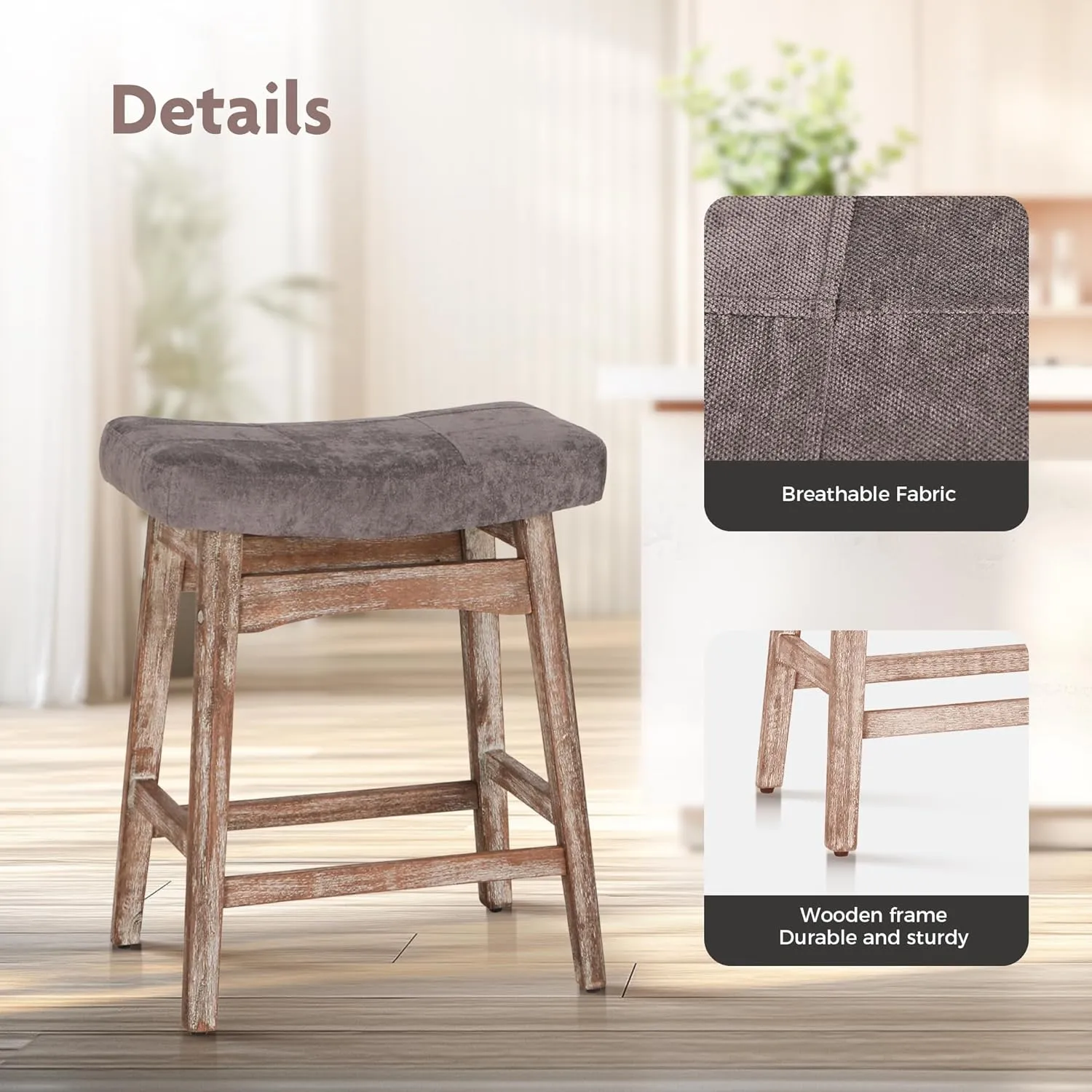 ALPHA HOME Bar Stool, Solid Wood Saddle Kitchen Stool with Grey Linen Fabric Cushion Counter Height Barstool with Vintage Farm Wooden Base for Kitchen Dining Cafe, 24 Inch, Grey, 1PC