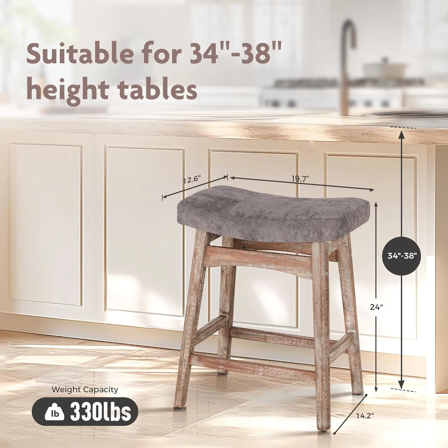ALPHA HOME Bar Stool, Solid Wood Saddle Kitchen Stool with Grey Linen Fabric Cushion Counter Height Barstool with Vintage Farm Wooden Base for Kitchen Dining Cafe, 24 Inch, Grey, 1PC