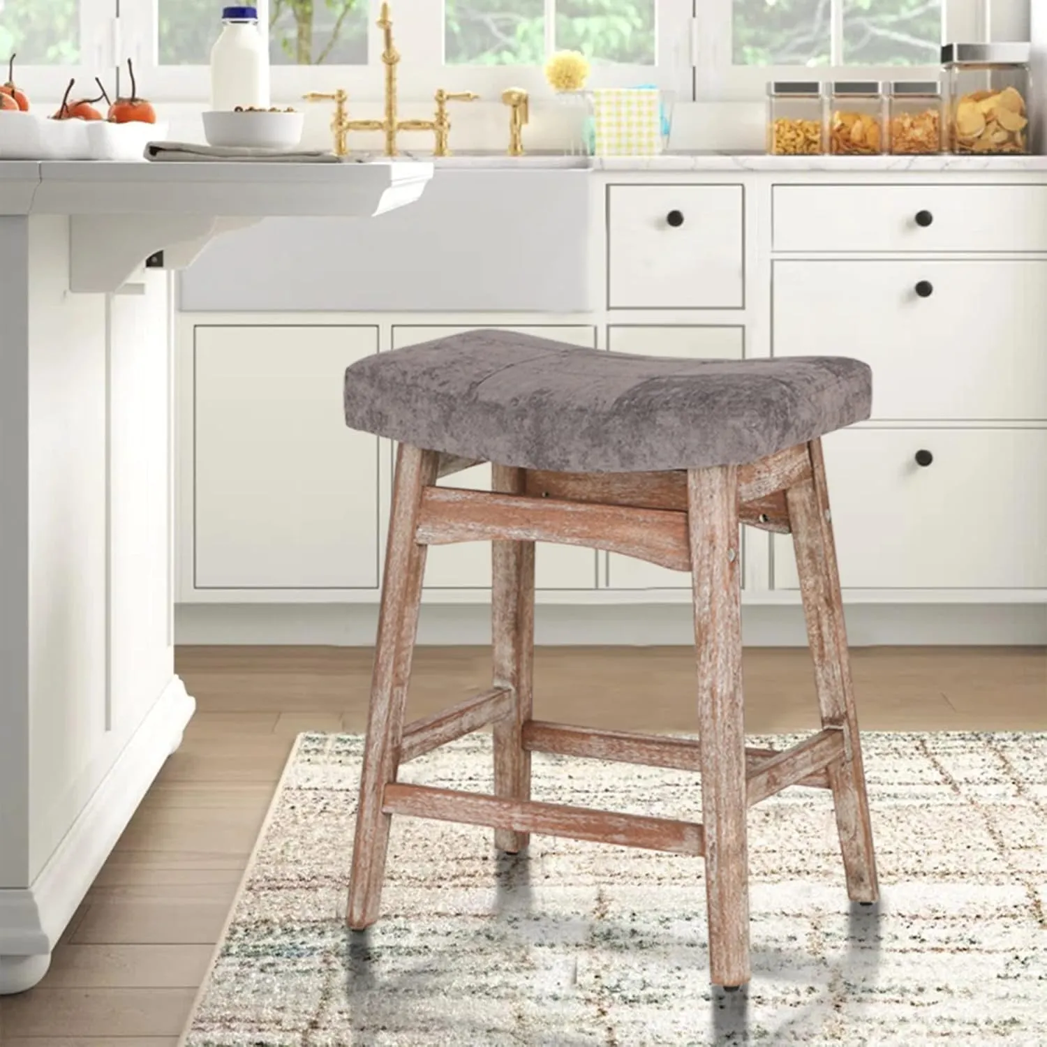 ALPHA HOME Bar Stool, Solid Wood Saddle Kitchen Stool with Grey Linen Fabric Cushion Counter Height Barstool with Vintage Farm Wooden Base for Kitchen Dining Cafe, 24 Inch, Grey, 1PC