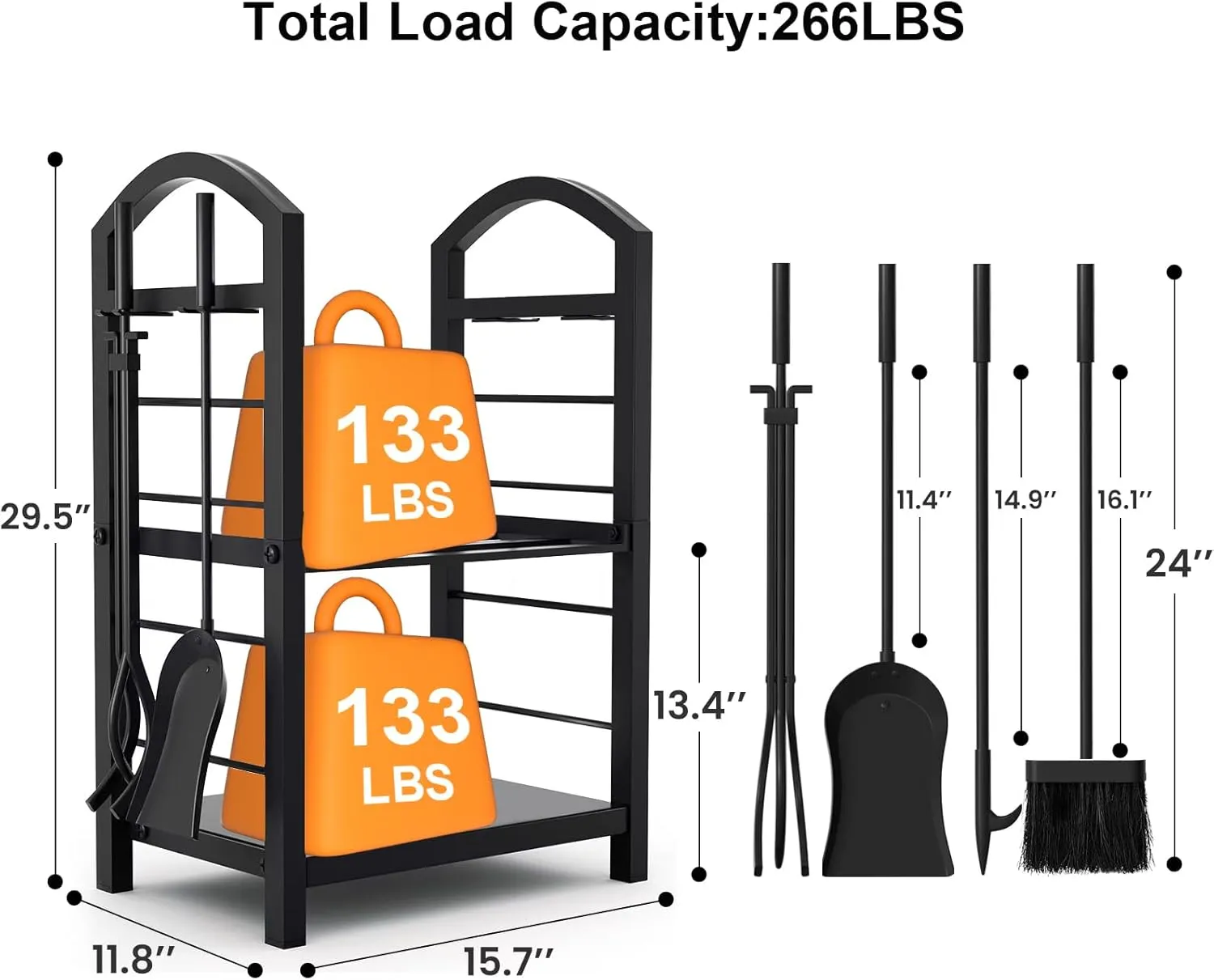 AMAGABELI GARDEN & HOME Firewood Rack with Tools 5-Piece Indoor Fireplace Wood Holders Outdoor Log Holder Rack Lumber Storage Stacking Stove Wrought Iron Large Logs Fireplace Tools Set Black