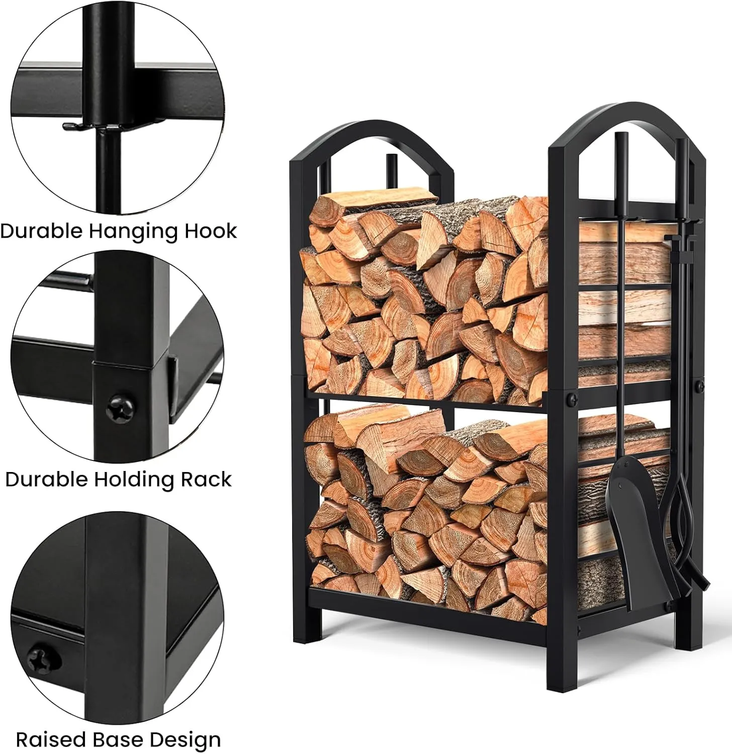 AMAGABELI GARDEN & HOME Firewood Rack with Tools 5-Piece Indoor Fireplace Wood Holders Outdoor Log Holder Rack Lumber Storage Stacking Stove Wrought Iron Large Logs Fireplace Tools Set Black