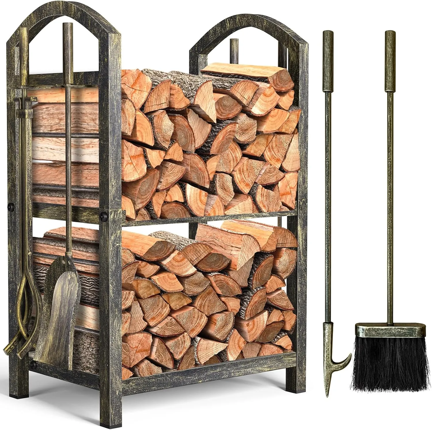 AMAGABELI GARDEN & HOME Firewood Rack with Tools 5-Piece Indoor Fireplace Wood Holders Outdoor Log Holder Rack Lumber Storage Stacking Stove Wrought Iron Large Logs Fireplace Tools Set Bronze