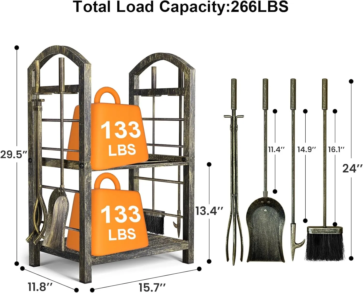 AMAGABELI GARDEN & HOME Firewood Rack with Tools 5-Piece Indoor Fireplace Wood Holders Outdoor Log Holder Rack Lumber Storage Stacking Stove Wrought Iron Large Logs Fireplace Tools Set Bronze