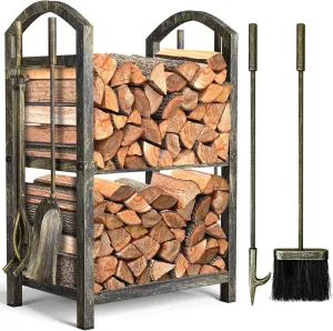 AMAGABELI GARDEN & HOME Firewood Rack with Tools 5-Piece Indoor Fireplace Wood Holders Outdoor Log Holder Rack Lumber Storage Stacking Stove Wrought Iron Large Logs Fireplace Tools Set Bronze