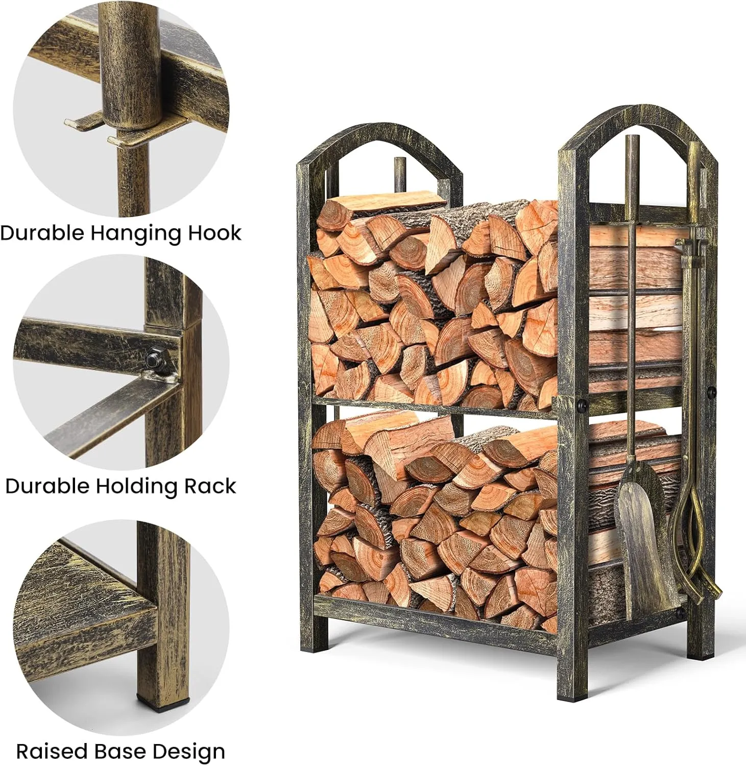 AMAGABELI GARDEN & HOME Firewood Rack with Tools 5-Piece Indoor Fireplace Wood Holders Outdoor Log Holder Rack Lumber Storage Stacking Stove Wrought Iron Large Logs Fireplace Tools Set Bronze