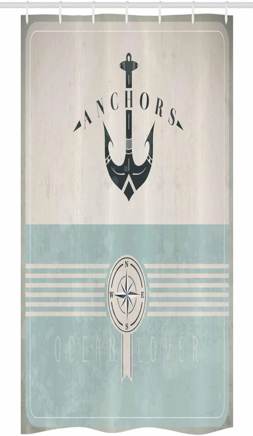 Ambesonne Nautical Stall Shower Curtain, Aged Ocean Lover Phrase Anchor and Compass Marine Adventure Design, Fabric Bathroom Decor Set with Hooks, 36" W x 72" L, Beige Blue