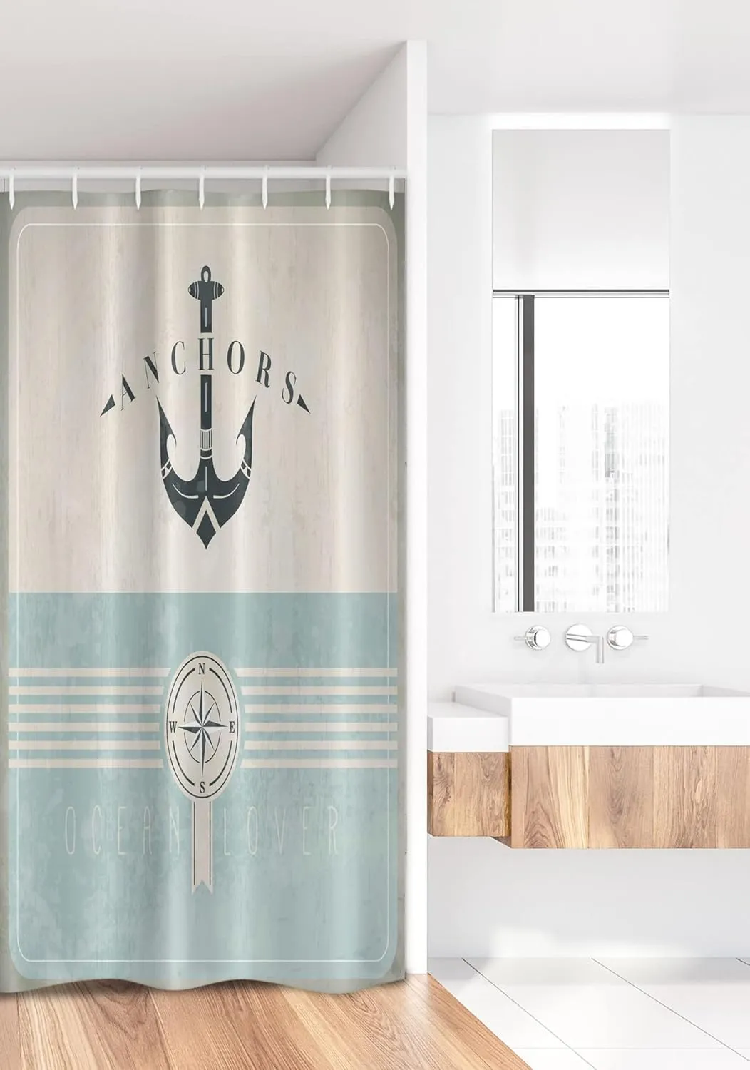 Ambesonne Nautical Stall Shower Curtain, Aged Ocean Lover Phrase Anchor and Compass Marine Adventure Design, Fabric Bathroom Decor Set with Hooks, 36" W x 72" L, Beige Blue
