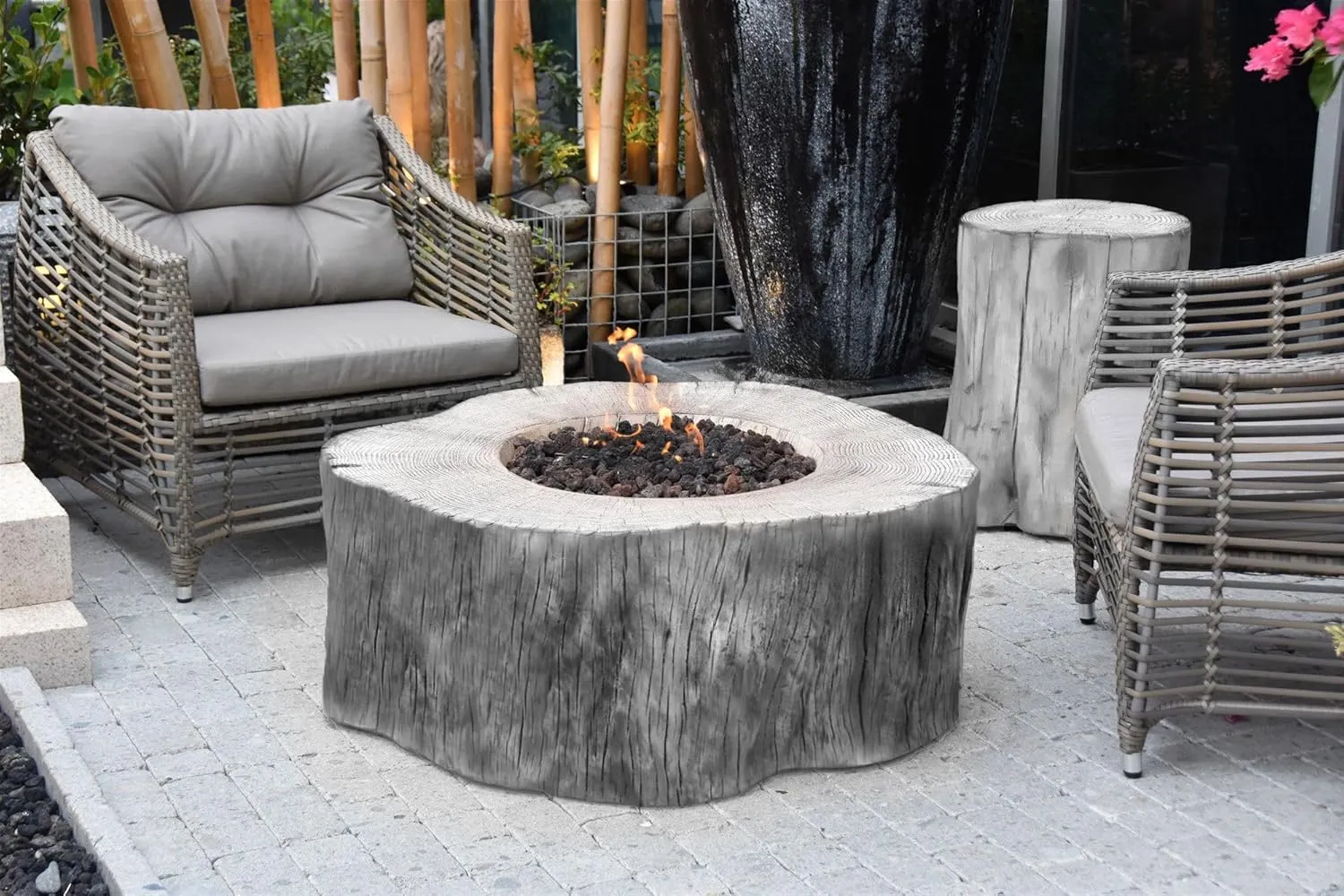 AMS Fireplace Elementi Classic Gray Manchester Liquid Propane Gas Fire Pit Table For Outside Patio Bundle With Tank Cover, Wind Guard and Burner Lid | Free Rubber Mat, Ice Bucket & Counter-top Lantern
