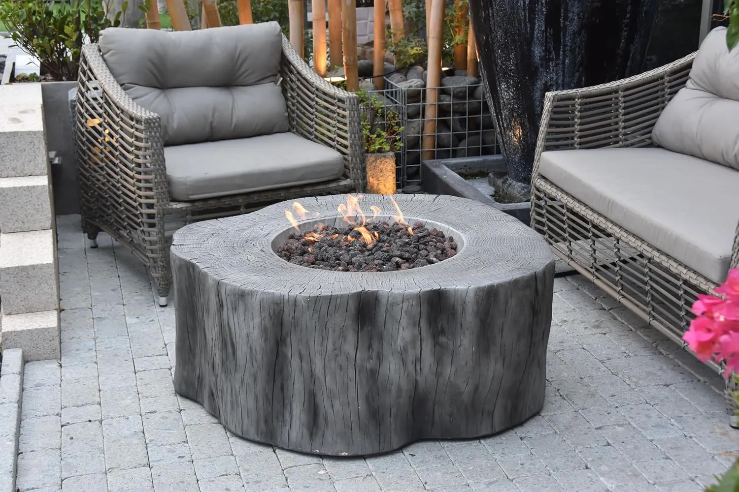 AMS Fireplace Elementi Classic Gray Manchester Liquid Propane Gas Fire Pit Table For Outside Patio Bundle With Tank Cover, Wind Guard and Burner Lid | Free Rubber Mat, Ice Bucket & Counter-top Lantern