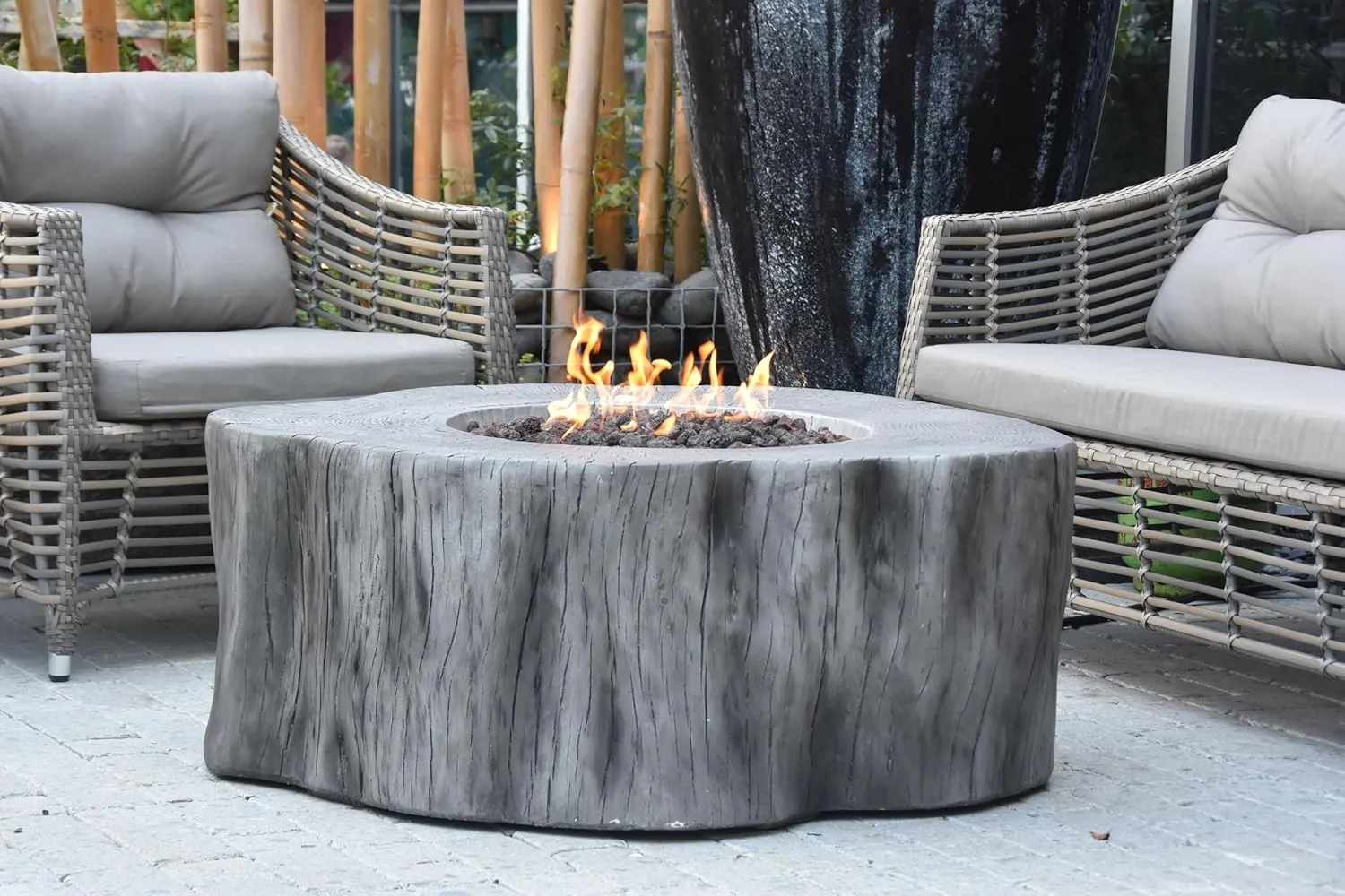 AMS Fireplace Elementi Classic Gray Manchester Liquid Propane Gas Fire Pit Table For Outside Patio Bundle With Tank Cover, Wind Guard and Burner Lid | Free Rubber Mat, Ice Bucket & Counter-top Lantern