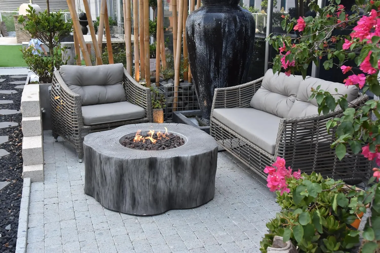 AMS Fireplace Elementi Classic Gray Manchester Liquid Propane Gas Fire Pit Table For Outside Patio Bundle With Tank Cover, Wind Guard and Burner Lid | Free Rubber Mat, Ice Bucket & Counter-top Lantern