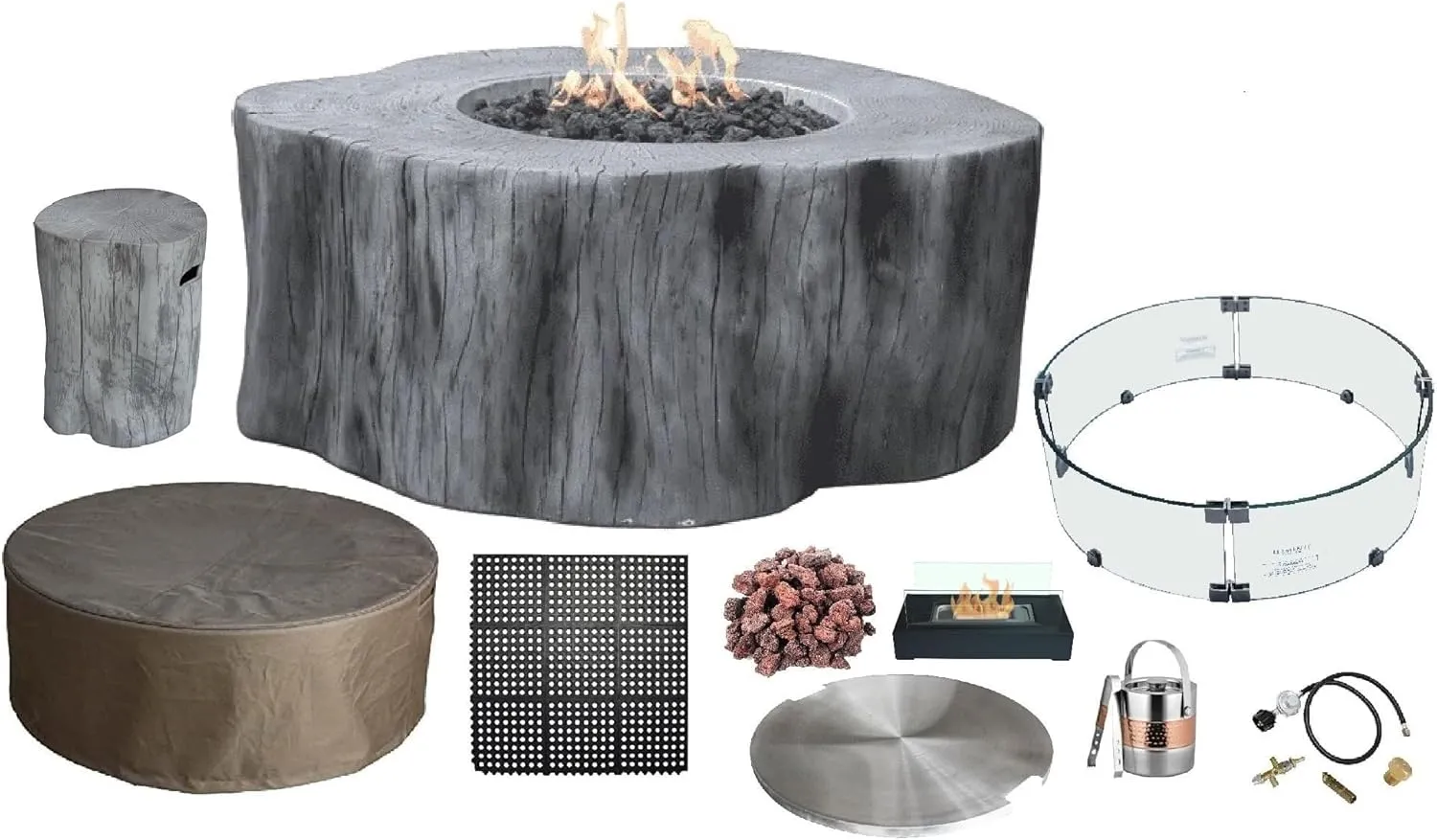 AMS Fireplace Elementi Classic Gray Manchester Liquid Propane Gas Fire Pit Table For Outside Patio Bundle With Tank Cover, Wind Guard and Burner Lid | Free Rubber Mat, Ice Bucket & Counter-top Lantern
