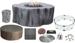 AMS Fireplace Elementi Classic Gray Manchester Liquid Propane Gas Fire Pit Table For Outside Patio Bundle With Tank Cover, Wind Guard and Burner Lid | Free Rubber Mat, Ice Bucket & Counter-top Lantern