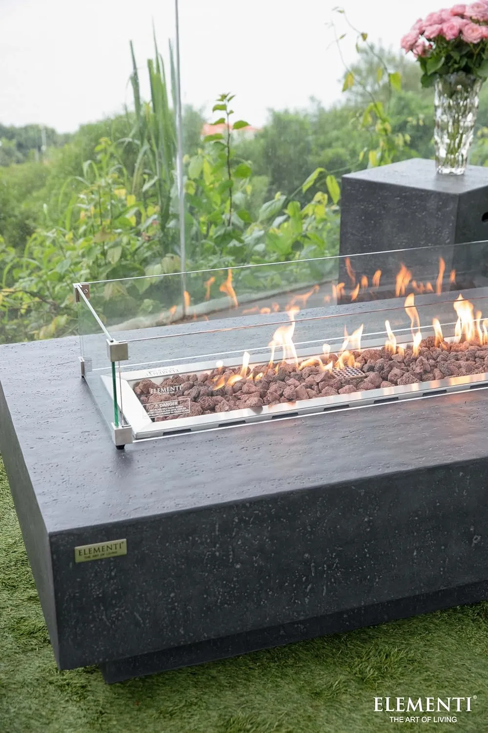 AMS Fireplace Elementi Dark Gray Hampton Natural Gas Fire Pit Table for Outside Patio Bundle with Wind Guard and SS Burner Lid | Free Rubber Mat, Ice Bucket and Counter-top Lantern