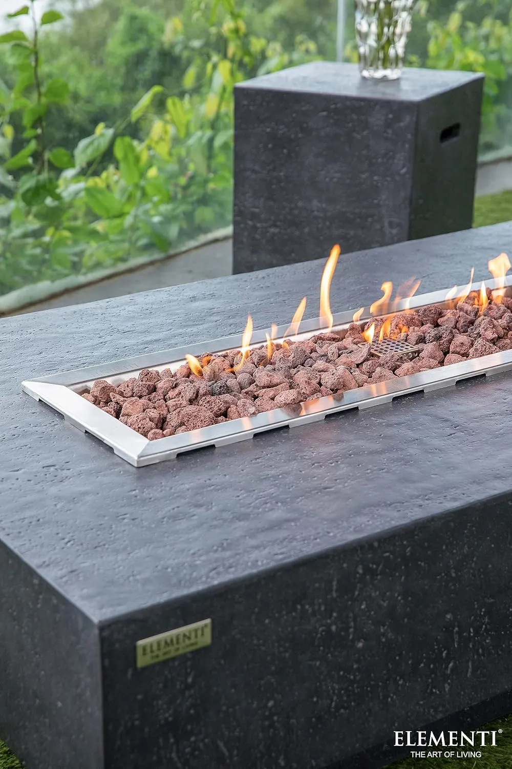 AMS Fireplace Elementi Dark Gray Hampton Natural Gas Fire Pit Table for Outside Patio Bundle with Wind Guard and SS Burner Lid | Free Rubber Mat, Ice Bucket and Counter-top Lantern