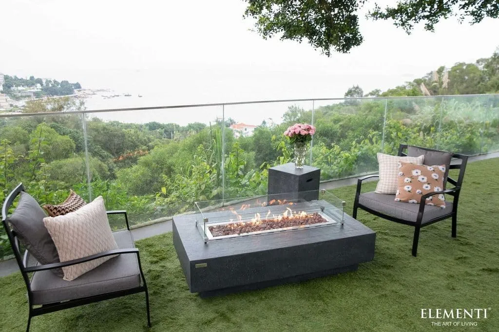 AMS Fireplace Elementi Dark Gray Hampton Natural Gas Fire Pit Table for Outside Patio Bundle with Wind Guard and SS Burner Lid | Free Rubber Mat, Ice Bucket and Counter-top Lantern
