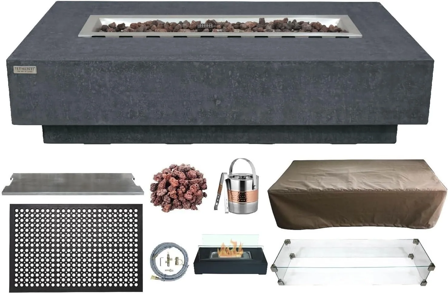 AMS Fireplace Elementi Dark Gray Hampton Natural Gas Fire Pit Table for Outside Patio Bundle with Wind Guard and SS Burner Lid | Free Rubber Mat, Ice Bucket and Counter-top Lantern