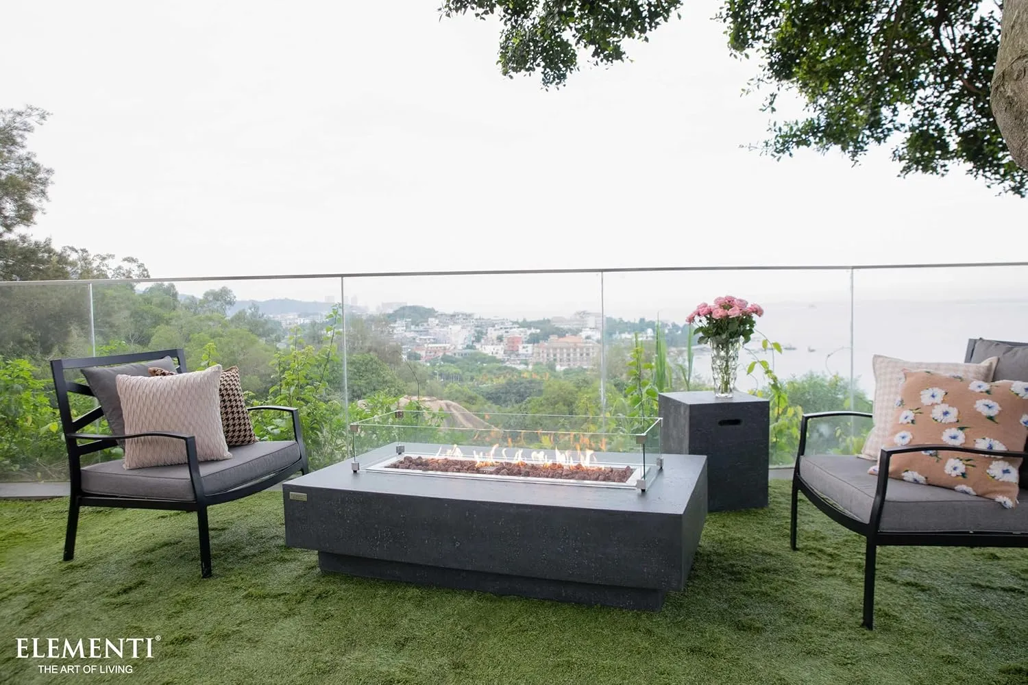 AMS Fireplace Elementi Dark Gray Hampton Natural Gas Fire Pit Table for Outside Patio Bundle with Wind Guard and SS Burner Lid | Free Rubber Mat, Ice Bucket and Counter-top Lantern