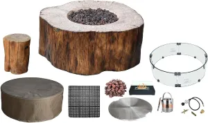 AMS Fireplace Elementi Red Wood Manchester Liquid Propane Gas Fire Pit Table for Outside Patio Bundle with Tank Cover, Wind Guard and Burner Lid | Free Rubber Mat, Ice Bucket and Counter-top Lantern
