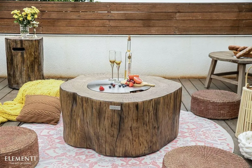 AMS Fireplace Elementi Red Wood Manchester Liquid Propane Gas Fire Pit Table for Outside Patio Bundle with Tank Cover, Wind Guard and Burner Lid | Free Rubber Mat, Ice Bucket and Counter-top Lantern