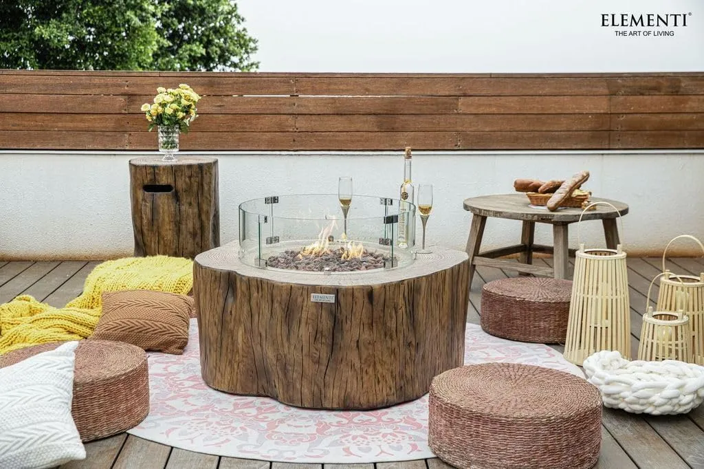 AMS Fireplace Elementi Red Wood Manchester Liquid Propane Gas Fire Pit Table for Outside Patio Bundle with Tank Cover, Wind Guard and Burner Lid | Free Rubber Mat, Ice Bucket and Counter-top Lantern