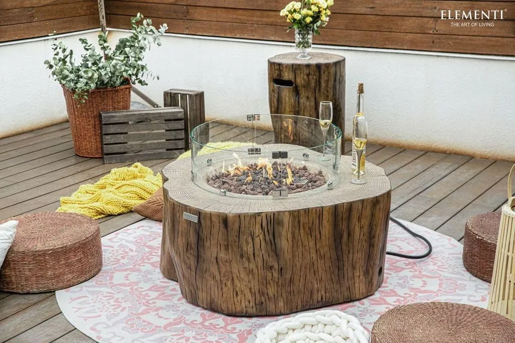 AMS Fireplace Elementi Red Wood Manchester Liquid Propane Gas Fire Pit Table for Outside Patio Bundle with Tank Cover, Wind Guard and Burner Lid | Free Rubber Mat, Ice Bucket and Counter-top Lantern
