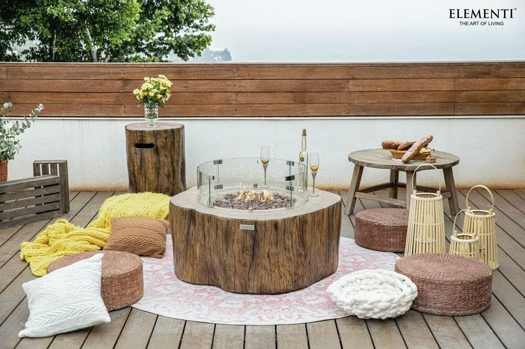 AMS Fireplace Elementi Red Wood Manchester Liquid Propane Gas Fire Pit Table for Outside Patio Bundle with Tank Cover, Wind Guard and Burner Lid | Free Rubber Mat, Ice Bucket and Counter-top Lantern