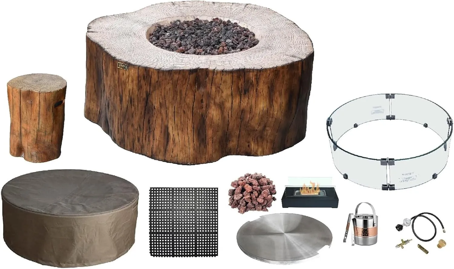 AMS Fireplace Elementi Red Wood Manchester Liquid Propane Gas Fire Pit Table for Outside Patio Bundle with Tank Cover, Wind Guard and Burner Lid | Free Rubber Mat, Ice Bucket and Counter-top Lantern
